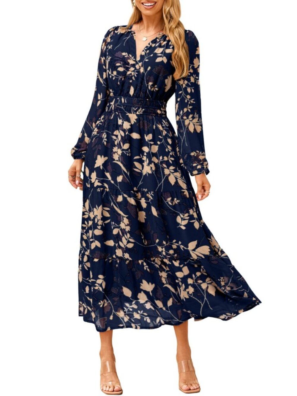 Women's Floral Boho Long Sleeve Maxi Dress V Neck Empire Waist Swing Flowy